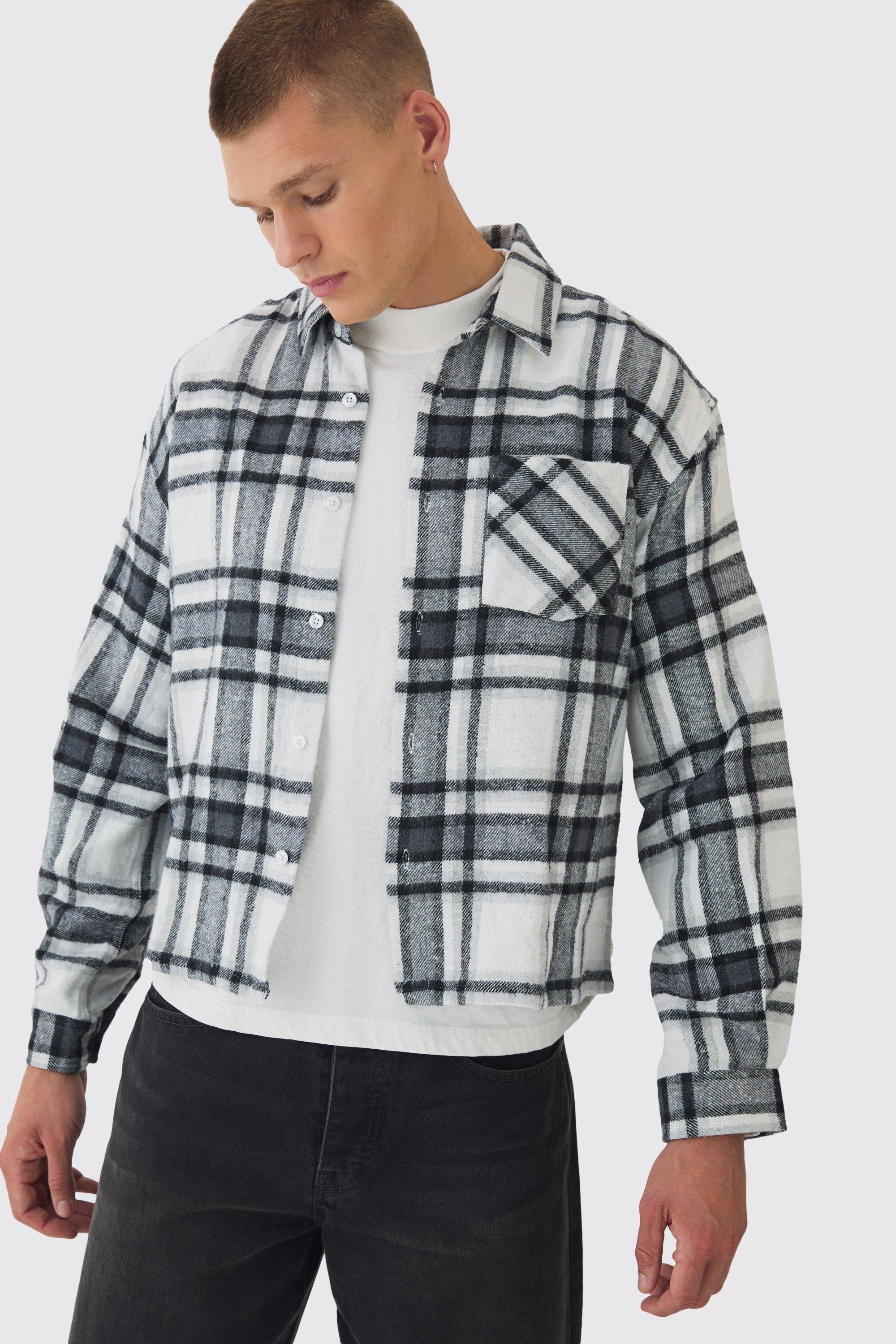 Mens Grey Oversized Boxy Check Long Sleeve Shirt, Grey